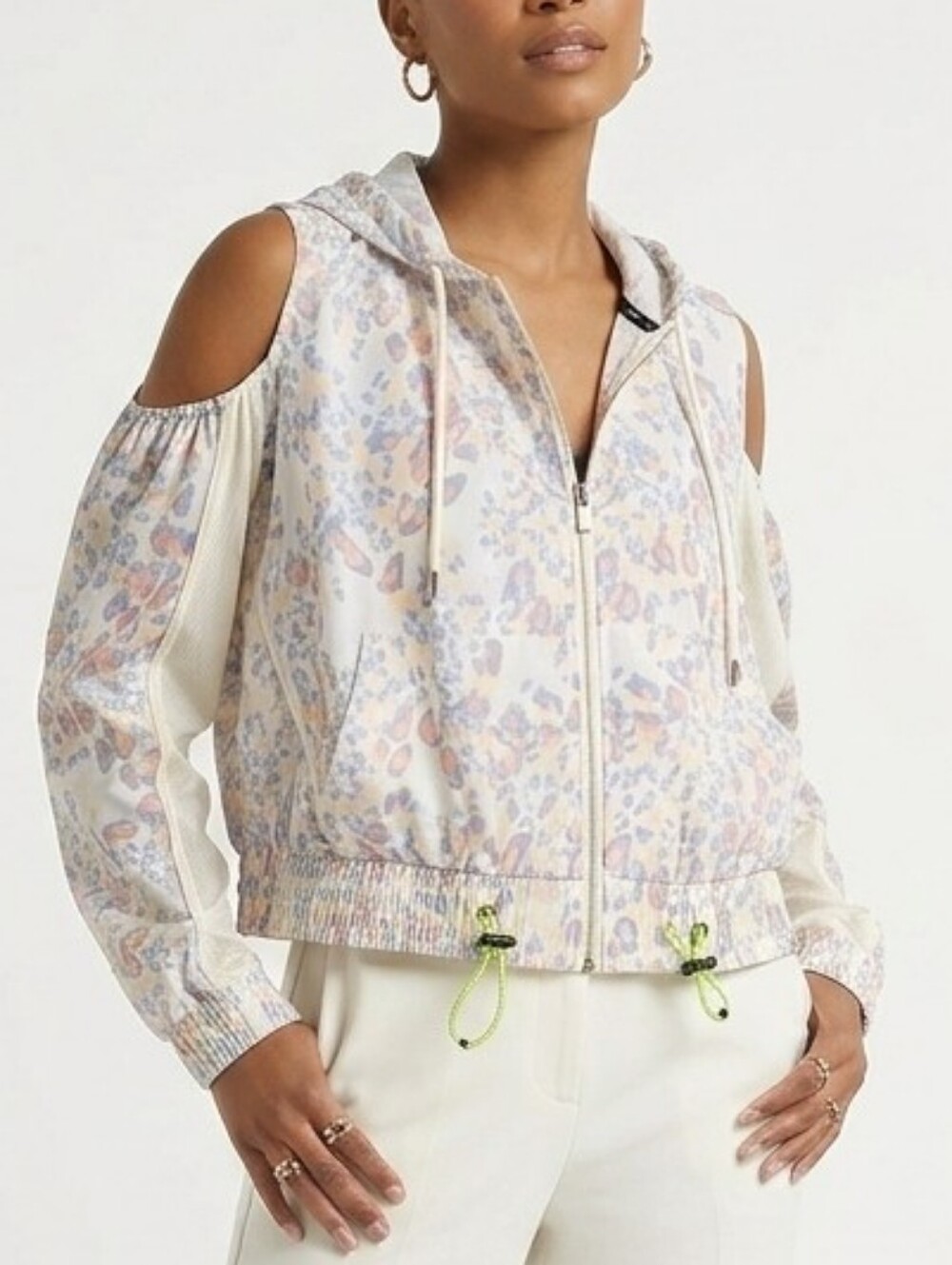 Hologram Pastel Animal Print Cold Shoulder Cropped Hoodie Top White Pink Blue M